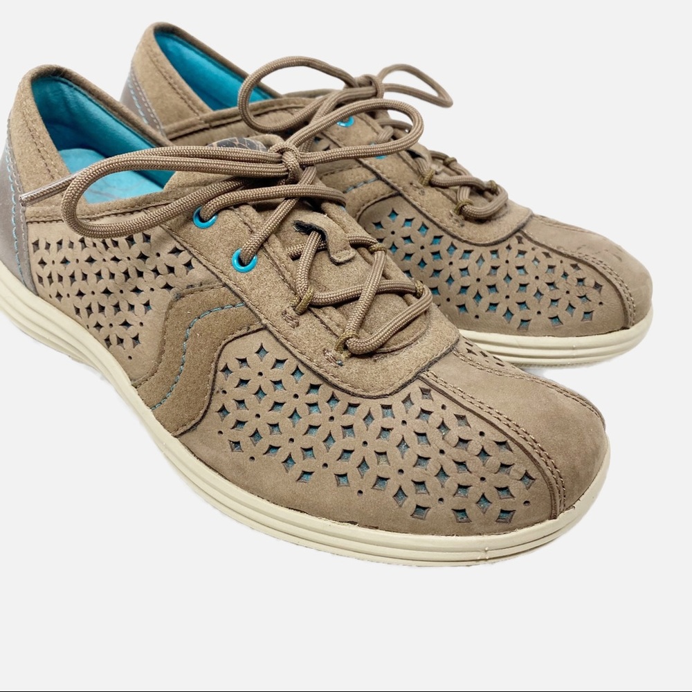 Aravon Leather Lace Up Laser Cut Sneakers Tan